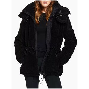 NWT SAM New York Front Zip Cinched Waist Sherpa Parka hooded Jacket Black XS $49